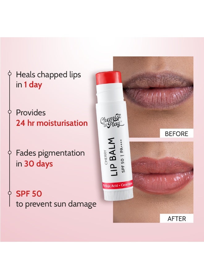 Chemist at Play بلسم الشفاه بالكرز | يصلح الشفاه المتشققة ويضيء الشفاه الداكنة | 1% حمض كوجيك | SPF 50 PA++++ | للرجال والنساء | 4.5 جرام - Image 2